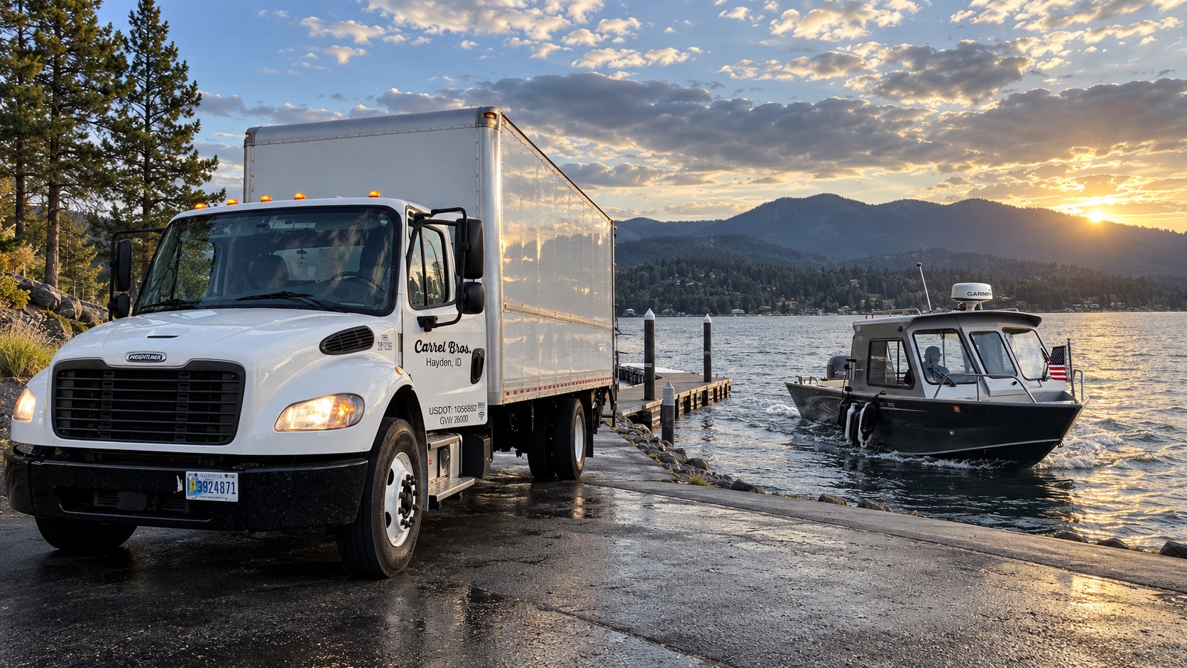 Carrel Bros box truck and boat at a North Idaho lake
